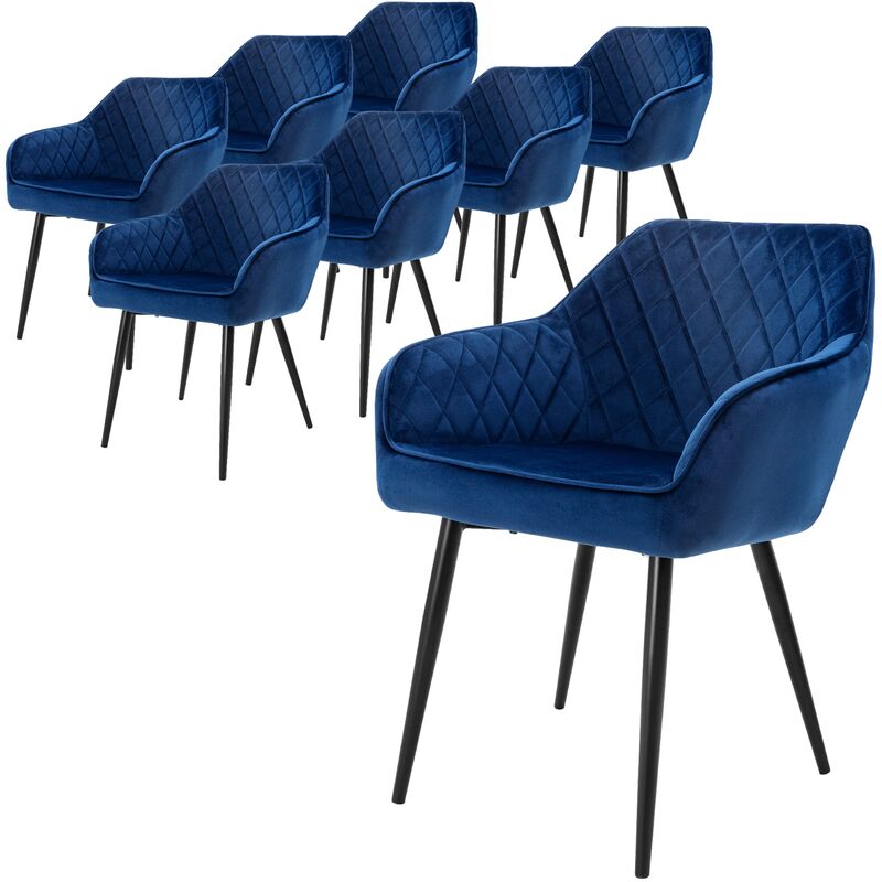 Ml-design - Lot de 8 Chaises de Salle à Manger avec Accoudoirs et Dossier, Bleu Foncé, Revêtement en Velours, Pieds en Métal Noir, Chaise de Cuisine