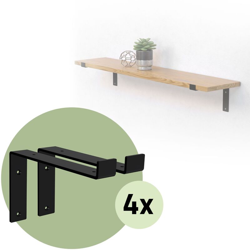 ML-Design Lot de 8 Supports d'Étagère 25x4x14,5 cm, en Métal, Noir, Style Industriel, Forme de L, Équerre pour Étagères Murales à 90 degrés,