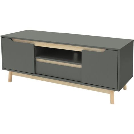 ML-Design Mesa de TV de Madera en Verde-Natural 120x40x46 cm Gabinete para Televisón de Hasta 55 Pulgadas Mueble Moderno con 2 Puertas, Cajón y Estantes Tablero de Pie Madera de Pino