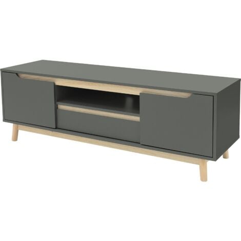 ML-Design Mesa de TV de Madera en Verde-Natural 140x40x46 cm Gabinete para Televisión de Hasta 65 Pulgadas Mueble Moderno con 2 Puertas, Cajón y Estantes Tablero de Pie Madera de Pino