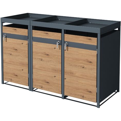 ML-Design Mülltonnenbox 3er mit Pflanzdach für 3 Tonnen, 240L 200x80x124 cm, Holzoptik, Stahl, wetterfest, Abschließbare Mülltonnenverkleidung mit Tür, Müllbox Mülltonnecontainer Mülltonnenabdeckung