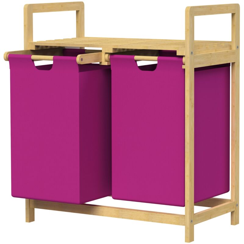 Panier à Linge en Bambou, Magenta, Collecteur de Linge avec 2 Sacs à Linge Extensibles 60 l, Rangement Buanderie, LxlxH: 63x33x73 cm, Coffre avec