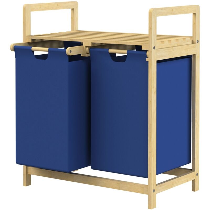 ML-Design Panier à Linge en Bambou, Bleu Foncé, Collecteur de Linge avec 2 Sacs à Linge Extensibles 60 L, Rangement Buanderie, LxlxH: 63x33x73 cm,