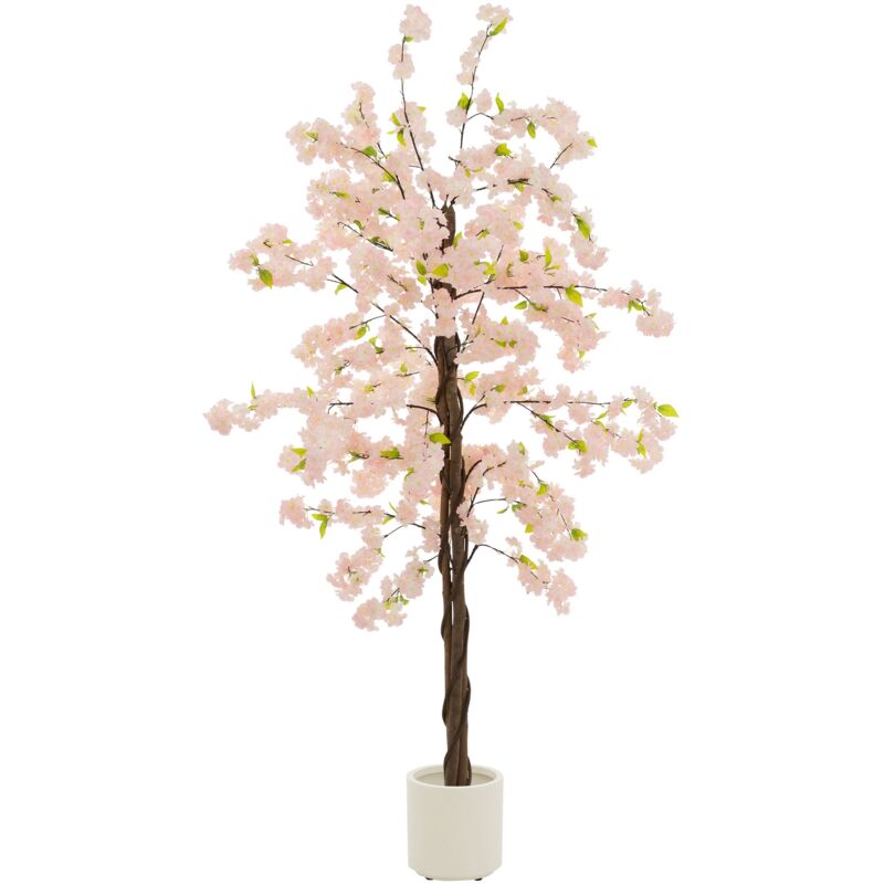ML-Design Plante Artificielle Cerisier 210 cm Faux Arbre Décoratif Imitation Réaliste en Plastique avec des Fleurs Roses Pot Inclus pour Intérieur ou