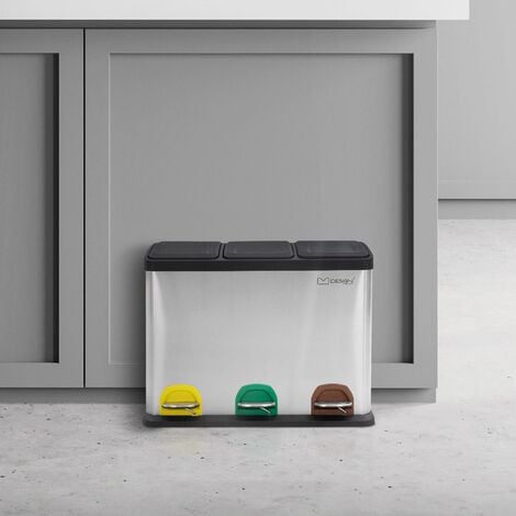 Relaxdays poubelle encastrable coulissante, 3 bacs, système de trie pour le  sous-évier, 15l & 2x 8l, 34,5x34x53 cm, gris