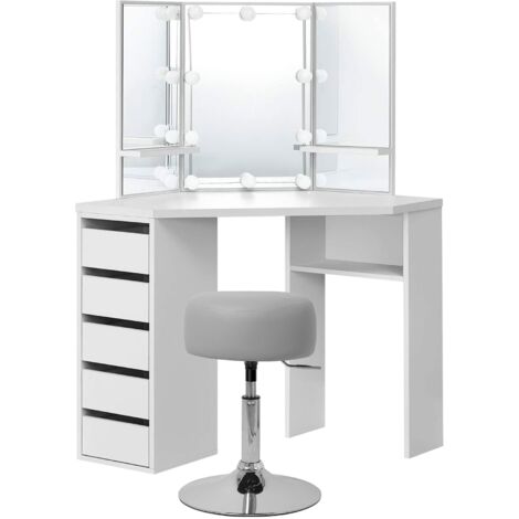 ML-Design Schminktisch mit Spiegel und Hocker, 110x141,5x54 cm, Weiß, inkl. LED-Beleuchtung