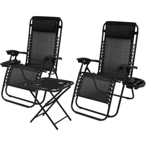 ML-Design Set 2x Sedia Sdraio Pieghevole da Giardino con 1x Tavolo Nero Lettino con Poggiatesta e Schienale Regolabili con Portabevande Scomparto per Telefono Cuscino Lettino Gravità Zero da Spiaggia