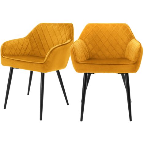 ML-Design Set 2x Sillas de Comedor Color Ocre Estilo Moderno Asiento Tapizado Aspecto de Terciopelo Patas de Metal Negras con Respaldo y Apoyabrazos Sillón Moderno de Salón Oficina Dormitorio Cocina
