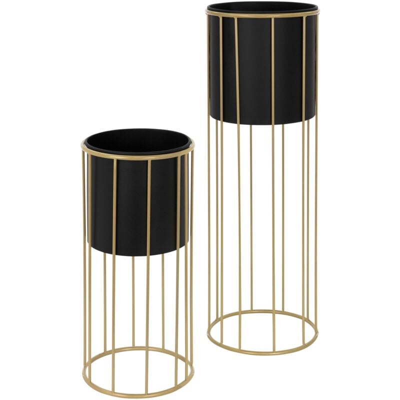 Set de 2 Supports de Plantes, 21x46,7/24x70,5 cm, Noir et Or, Rond en Acier, Support de Pots de Fleurs avec Cache-Pot, Porte-Fleurs Décoratif,