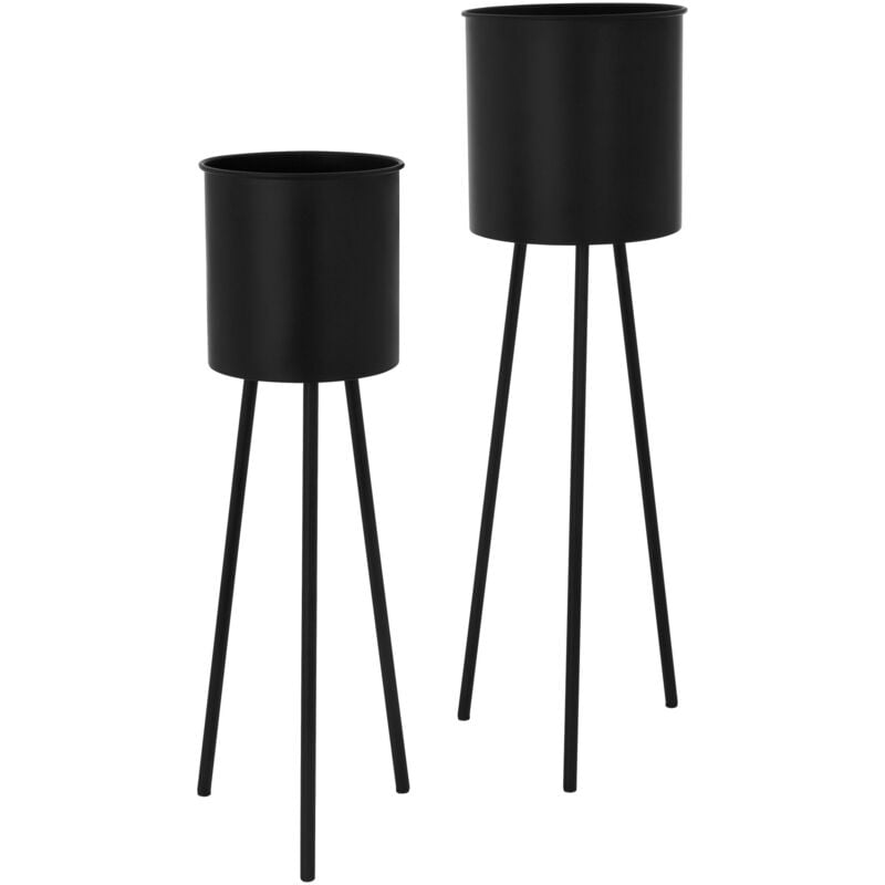 Set de 2 Supports de Plantes, 22x22,5x66 cm/23x26x79 cm, Rond, en Acier Noir, Support de Pots de Fleurs Métallique, Porte-Fleurs Décoratif, Tabouret