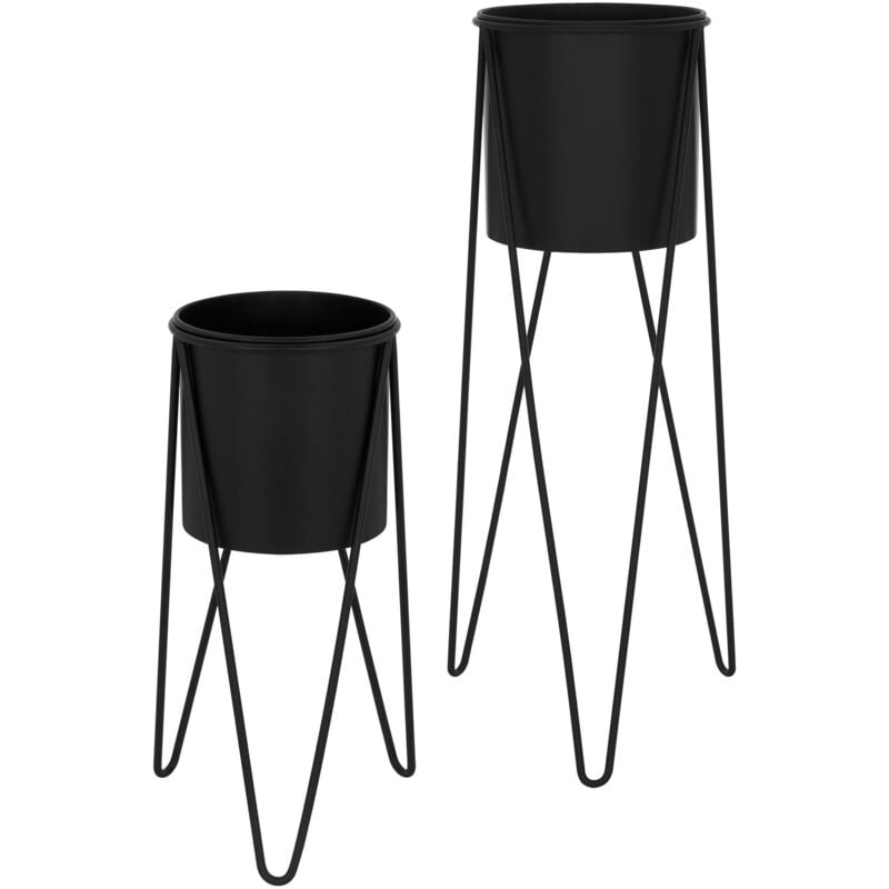 Set de 2 Supports de Plantes, 27x27x48,5 cm/35,5x34x75 cm, Rond, en Acier Noir, Support de Pots de Fleurs Métallique, Porte-Fleurs Décoratif,