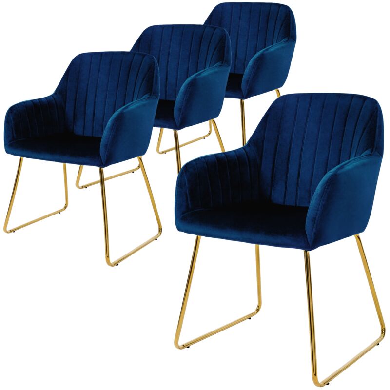 Ml-design - Set de 4 Chaises de Salle à Manger, Bleu, Assise Rembourrée en Velours, Pieds Dorés en Métal, avec Dossier et Accoudoirs Ergonomiques,
