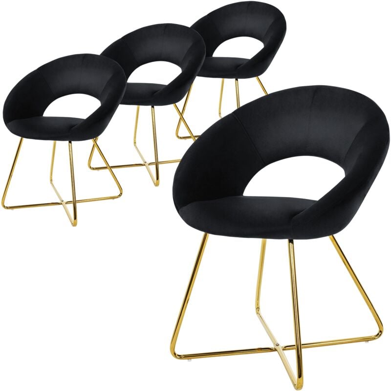 Ml-design - Set de 4 Chaises de Salle à Manger, en Velours, Noir, avec Dossier en Demi-Coque Rond, Pieds en Forme de x Métalliques Dorés, Fauteuil