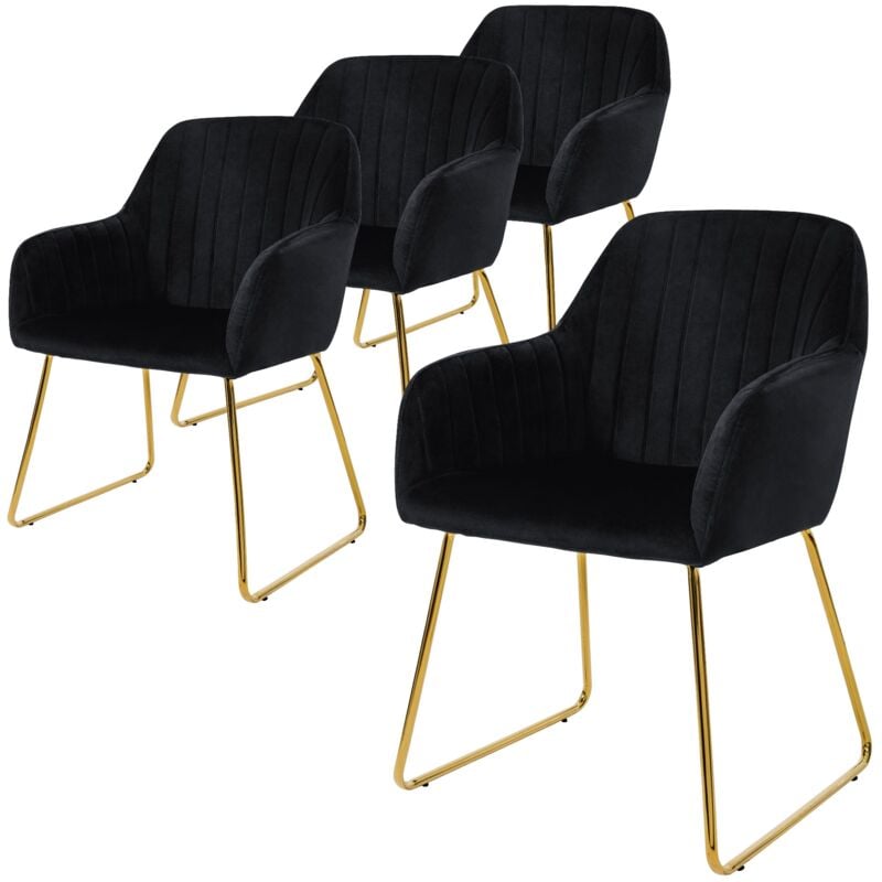 Ml-design - Set de 4 Chaises de Salle à Manger, Noir, Assise Rembourrée en Velours, Pieds Dorés en Métal, avec Dossier et Accoudoirs Ergonomiques,