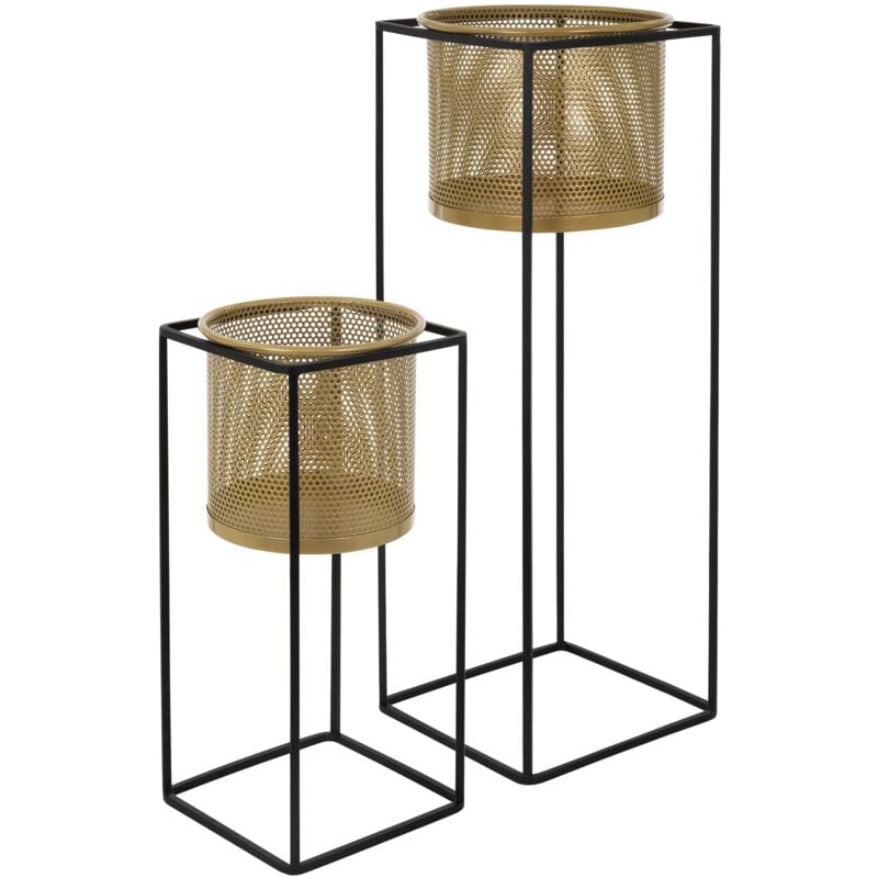 Set de 2 Supports de Plantes, 21x21x47/25x25x71 cm, en Acier, Noir-Or, Support de Pots de Fleurs avec Cache-Pot, Porte-Fleurs Décoratif, Tabouret de
