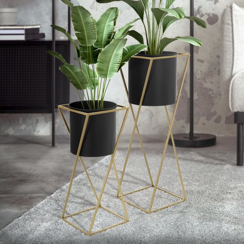 Set de 2 Supports de Plantes, 21x21x51/24x24x70,5 cm, Noir et Or, en Acier, Support de Pots de Fleurs avec Cache-Pot, Porte-Fleurs Décoratif,