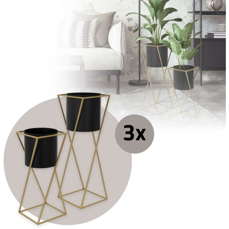 Set de 6 Supports de Plantes, 21x21x51/24x24x70,5 cm, Noir et Or, en Acier, Support de Pots de Fleurs avec Cache-Pot, Porte-Fleurs Décoratif,