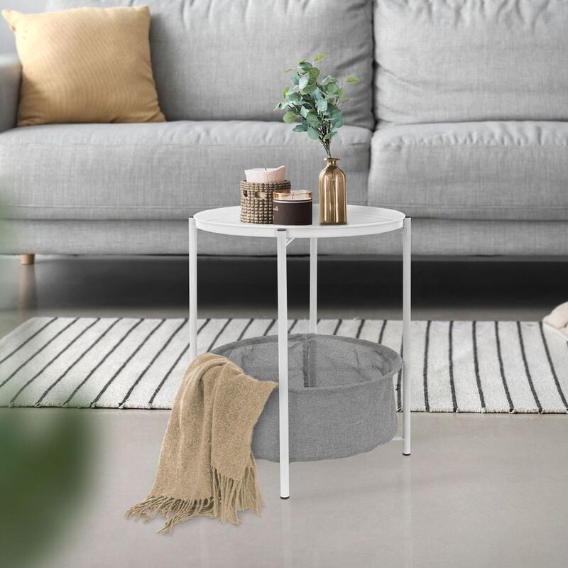 ml-design - table d'appoint rond ø 43 cm x h 51 cm blanc, en métal, avec panier de rangement en tissu, plateau amovible, bout de canapé, table basse