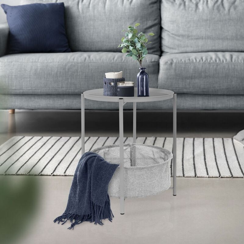 ml-design - table d'appoint rond ø 43 cm x h 51 cm gris, en métal, avec panier de rangement en tissu, plateau amovible, bout de canapé, table basse
