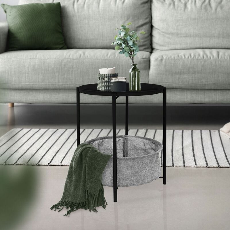 ml-design - table d'appoint rond ø 43 cm x h 51 cm noir, en métal, avec panier de rangement en tissu, plateau amovible, bout de canapé, table basse