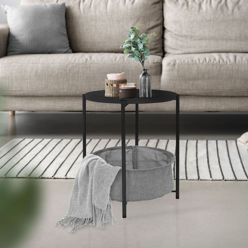 ml-design - table d'appoint rond ø43xh51cm anthracite, en métal, avec panier de rangement en tissu, plateau amovible, bout de canapé, table basse de