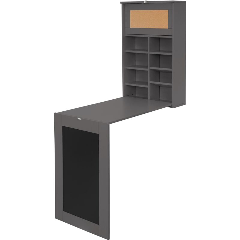 Ml-design - Table Murale Pliante, Gris, en mdf, Tableau Noir, 8 Compartiments et Tableau d'Affichage, Bureau Multifonctionnel, Montage Mural, Table