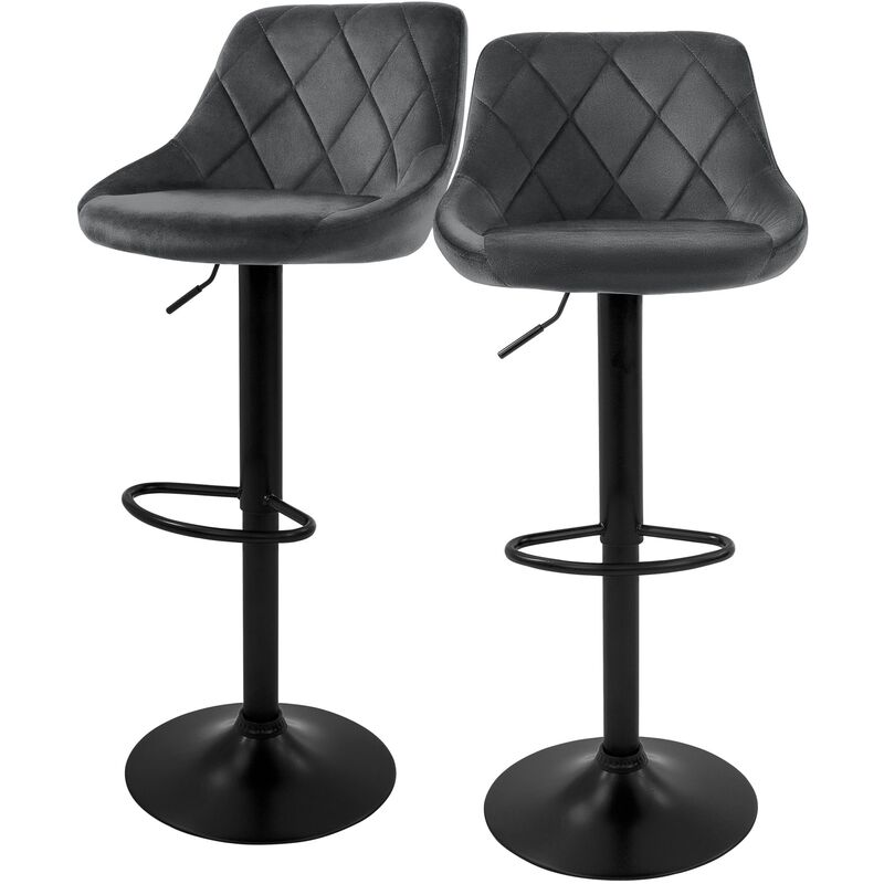 Ml-design - Lot de 2 Tabourets de Bar en Velours, Gris, Chaise Rembourrée avec Dossier et Repose-Pieds, Réglable en Hauteur 62-82 cm, Pivotante à