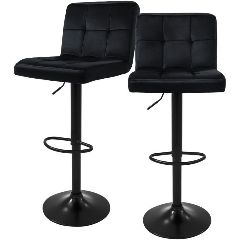 ML-Design Lot de 2 Tabourets de Bar en Velours, Noir, Chaise Rembourrée avec Dossier et Repose-Pieds, Réglable en Hauteur 63-83cm, Pivotante à 360°,