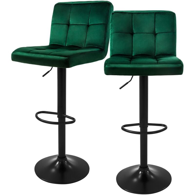 Ml-design - Lot de 2 Tabourets de Bar en Velours, Vert, Chaise Rembourrée avec Dossier et Repose-Pieds, Réglable en Hauteur 63-83cm, Pivotante à