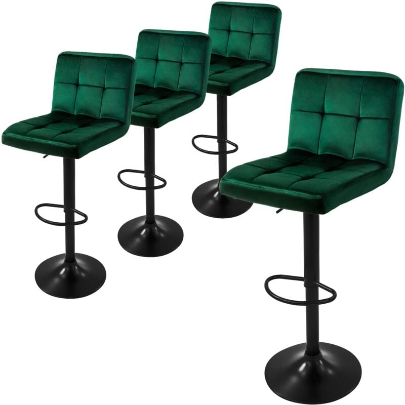 Ml-design - Lot de 4 Tabourets de Bar en Velours, Vert, Chaise Rembourrée avec Dossier et Repose-Pieds, Réglable en Hauteur 63-83cm, Pivotante à