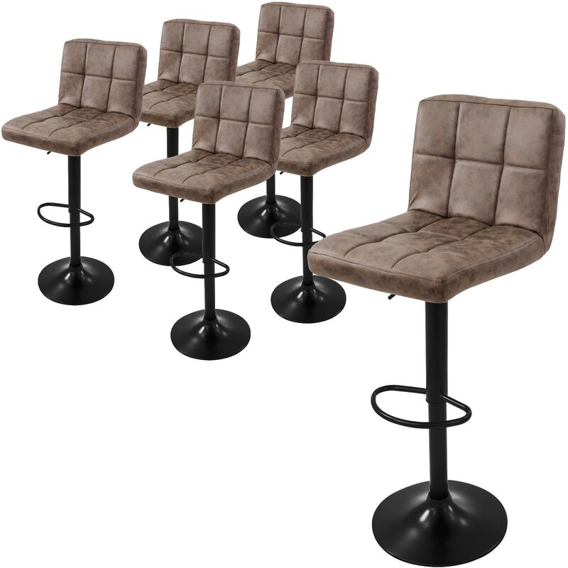 Ml-design - Lot de 6 Tabourets de Bar en Simili, Marron, Chaise Rembourrée avec Dossier et Repose-Pieds, Réglable en Hauteur 63-83 cm, Pivotante à