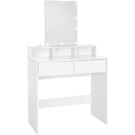 ML-Design Tocador Moderno con 2 Cajónes y 3 Compartimentos Abiertos y Espejo con LED 80 x 40 x 140 cm Blanco Madera Aglomerado Revestido Mesa de Peluquería Cómoda Retoques Maquillaje Gabinete Make Up