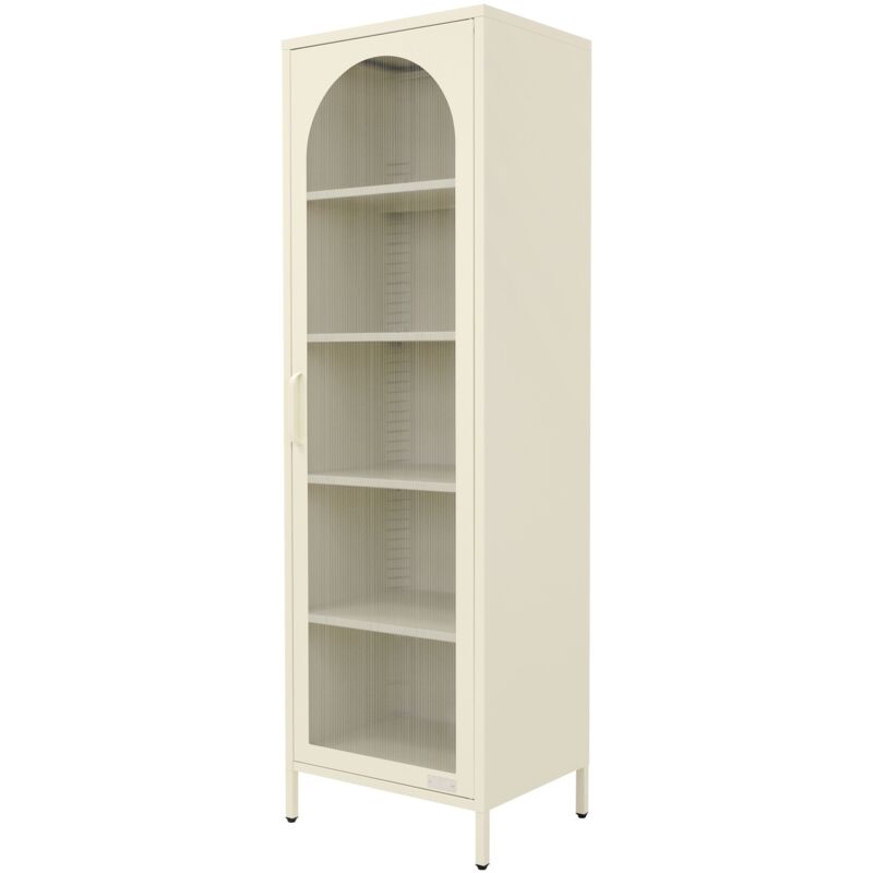 ML-Design Vitrine Étroite Crème 45x145x35 cm, Meuble Haut en Acier avec Porte Unique et 5 Compartiments Réglables, Rangement Vertical Moderne pour