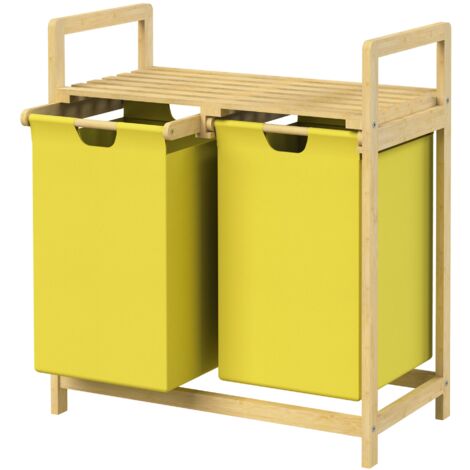 ML-Design Wäschekorb aus Bambus, Gelb, Wäschebox mit 2 Fächern, Wäschesammler mit 2 ausziehbaren Wäschesäcken 60 L, Wäschetruhe mit Ablage, Wäschesortierer für Badezimmer, Wäschetonne mit Regal