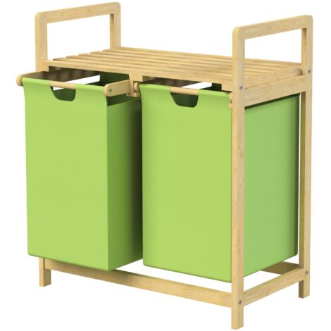 ML-Design Wäschekorb aus Bambus, Grün, Wäschebox mit 2 Fächern, Wäschesammler mit 2 ausziehbaren Wäschesäcken 60 L, Wäschetruhe mit Ablage, Wäschesortierer für Badezimmer, Wäschetonne mit Regal