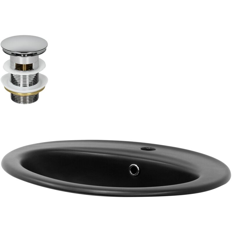 Luxebath - Ml-design Waschbecken Aus Keramik Schwarz Matt 57x48, 5x19, 5 Cm Oval Mit Ablaufgarnitur, Einbauwaschbecken Mit Überlauf,