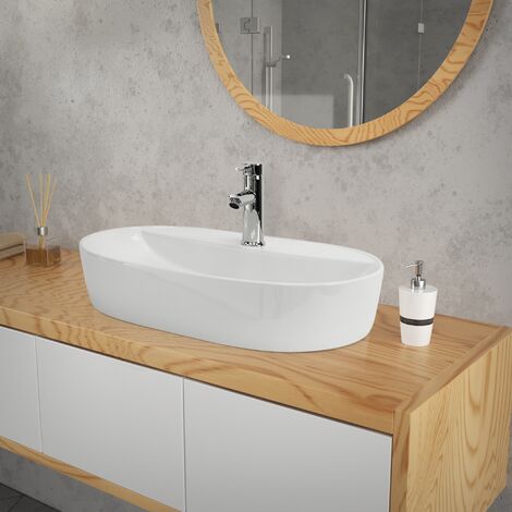 ML-Design Waschbecken Ovalform, 60x40x12 cm, Weiß glänzend, aus Keramik, Moderne Aufsatzwaschbecken, Design Waschtisch Aufsatz-Waschschale Waschplatz Handwaschbecken, für das Badezimmer/Gäste-WC