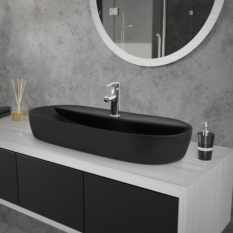 ML-Design Waschbecken Ovalform, 80x40x12 cm, Schwarz matt, aus Keramik, Moderne Aufsatzwaschbecken, Design Waschtisch Aufsatz-Waschschale Waschplatz Handwaschbecken, für das Badezimmer / Gäste-WC