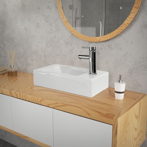 ML-Design Waschbecken Rechteckigform, 46x26x11 cm, Weiß glänzend, aus Keramik, Wandmontage oder Aufsatzwaschbecken, Moderne Waschtisch Waschschale Waschplatz Handwaschbecken, für das Badezimmer und Gä