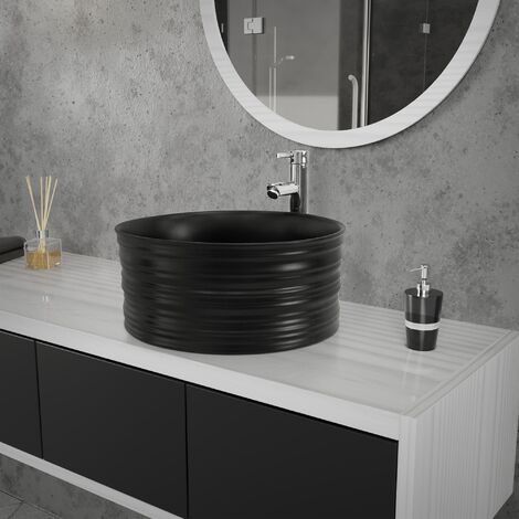 ML-Design Waschbecken Rundform, Ø 41x18 cm, Schwarz matt, aus Keramik, Moderne Aufsatzwaschbecken, Design Waschtisch Aufsatz-Waschschale Waschplatz Handwaschbecken, für das Badezimmer und Gäste-WC