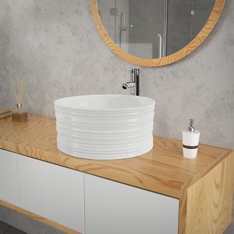 ML-Design Waschbecken Rundform, Ø 41x18 cm, Weiß glänzend, aus Keramik, Moderne Aufsatzwaschbecken, Design Waschtisch Aufsatz-Waschschale Waschplatz Handwaschbecken, für das Badezimmer und Gäste-WC