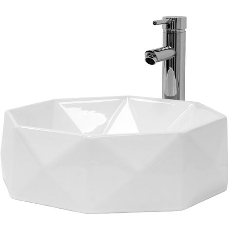 ML-Design Waschbecken Rundform, Ø 42x13,5 cm, Weiß glänzend, aus Keramik, Diamant Design, Aufsatzwaschbecken Waschschale Handwaschbecken für Badezimmer/Gäste-WC