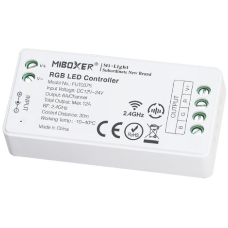 ML-FUT037S: Receptor MiBoxer RGB 2.4G/Wi-Fi / para mandos a distancia de 4 zonas, control por radio, función de atenuación...