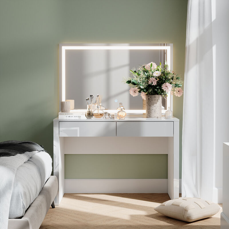 Vicco - Schminktisch Annabelle, Weiß Hochglanz/weiß, 110 Cm Mit Led-spiegel