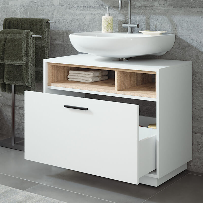 Vicco - Meuble sous vasque Beatrice, Blanc/Sonoma, 80x84.5cm avec tiroir
