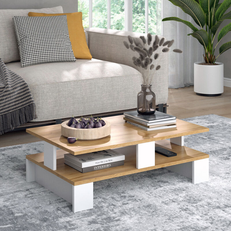 Couchtisch Belina, Goldkraft Eiche/weiß, 80 X 50 Cm Mit Zwei Ebenen, Vicco