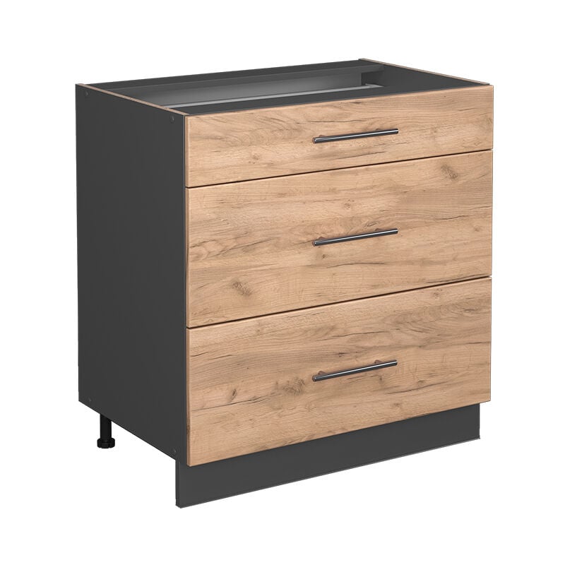 Meuble cuisine Fame-Line, Chêne de force doré, 80 cm avec 3 tiroirs, sans plan de travail Vicco