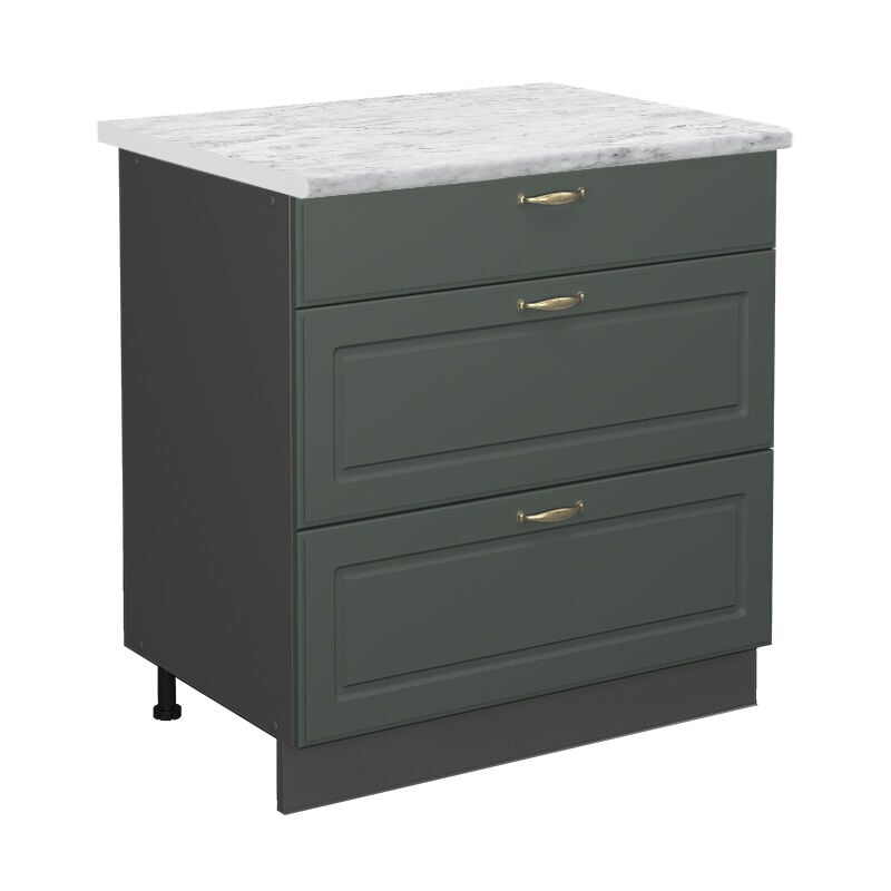 Meuble cuisine Fame-Line, Vert Or Campagne, 80 cm avec 3 tiroirs, pt Marbre Vicco