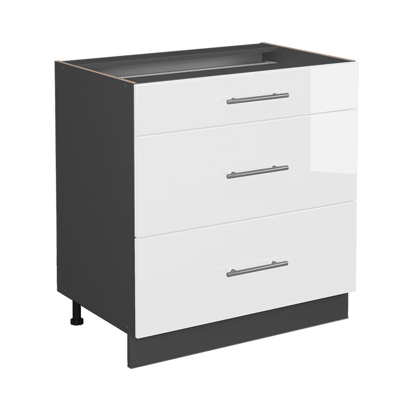 Vicco - Küchenunterschrank Fame-line, Weiß Hochglanz, 80 Cm Mit 3 Schubladen, Ap Eiche