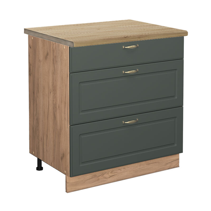 Meuble cuisine Fame-Line, Vert Or Campagne, 80 cm avec 3 tiroirs, pt Chêne Vicco